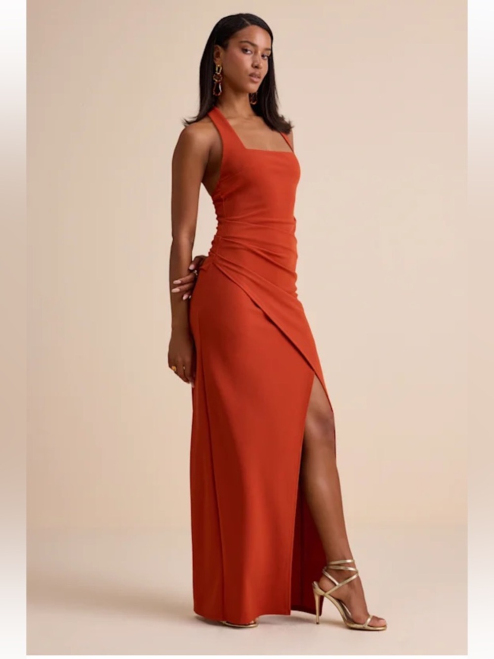 Lulu's Abriana Rust Orange Pleated Halter Maxi Dress